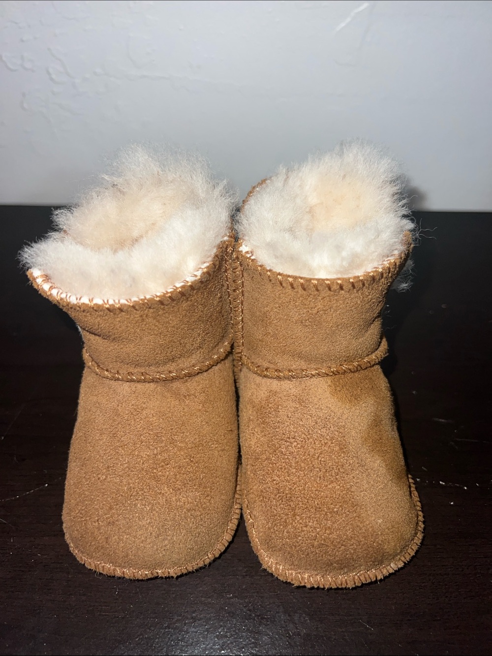 UGG Chestnut Suede Baby Booties with Shearling Trim - Picture 2 of 8